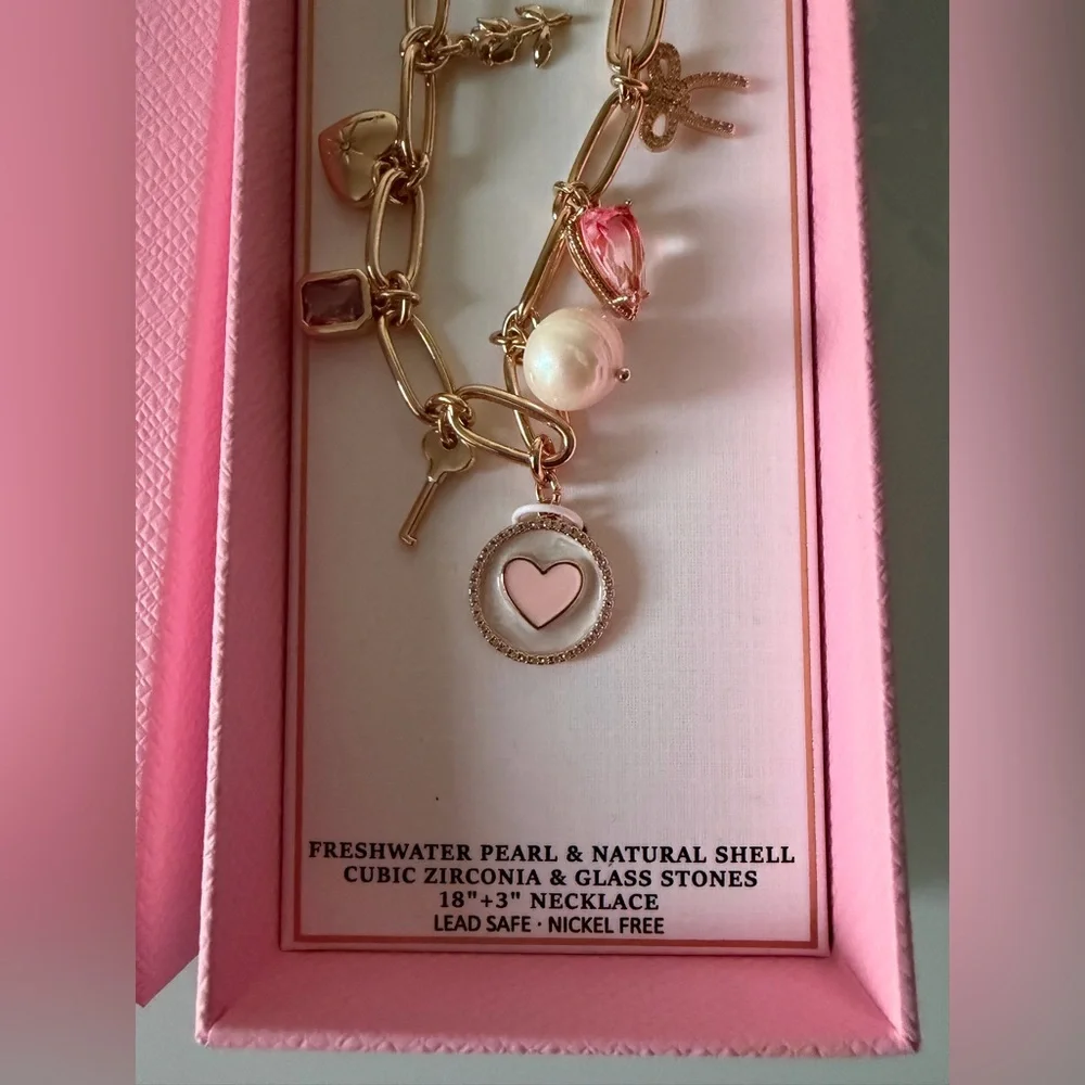 Gold Chain Necklace with pink Pearl Charms